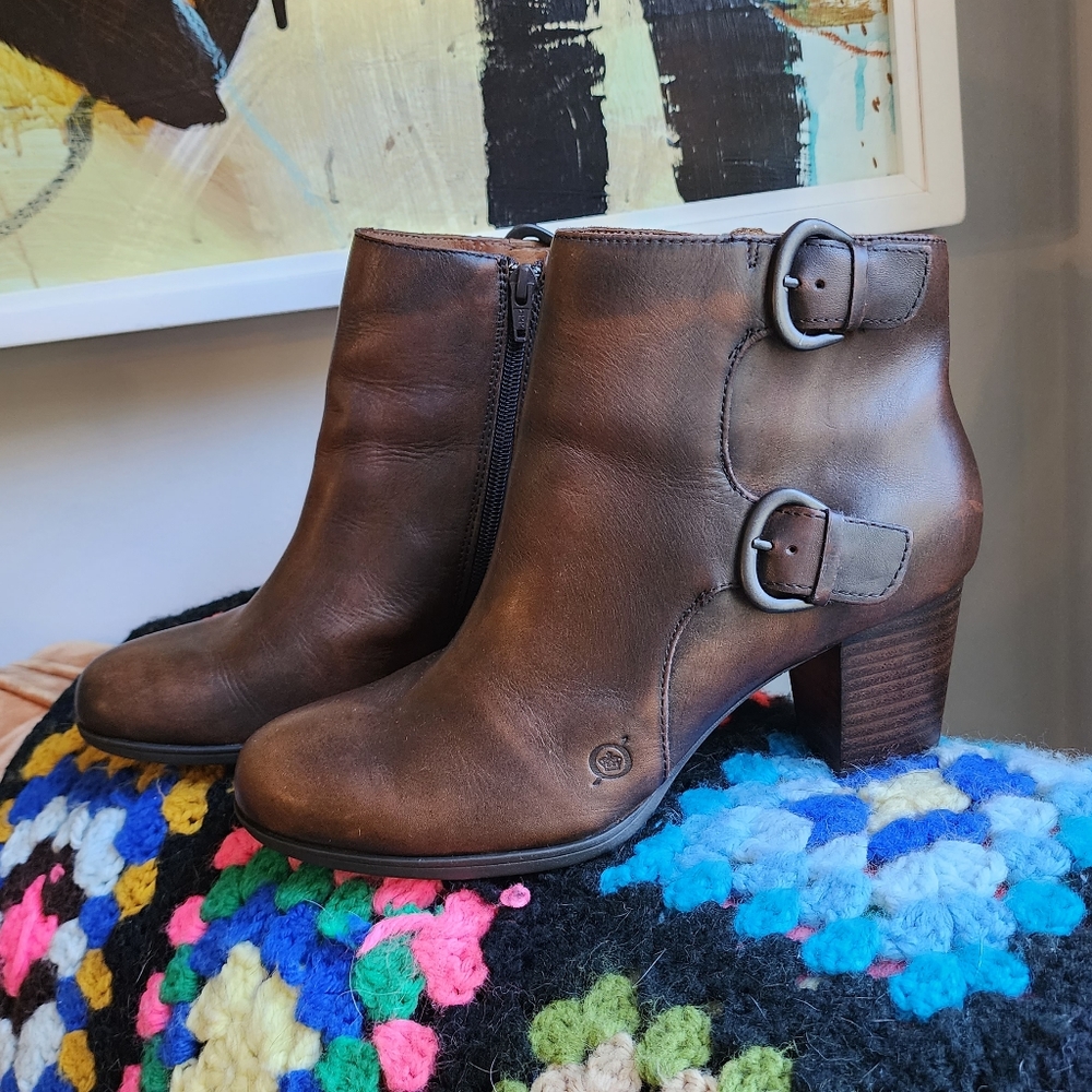 Born Ondine Stacked Heel Ankle Boot in Cognac Burnished (Brown), Women's size 9